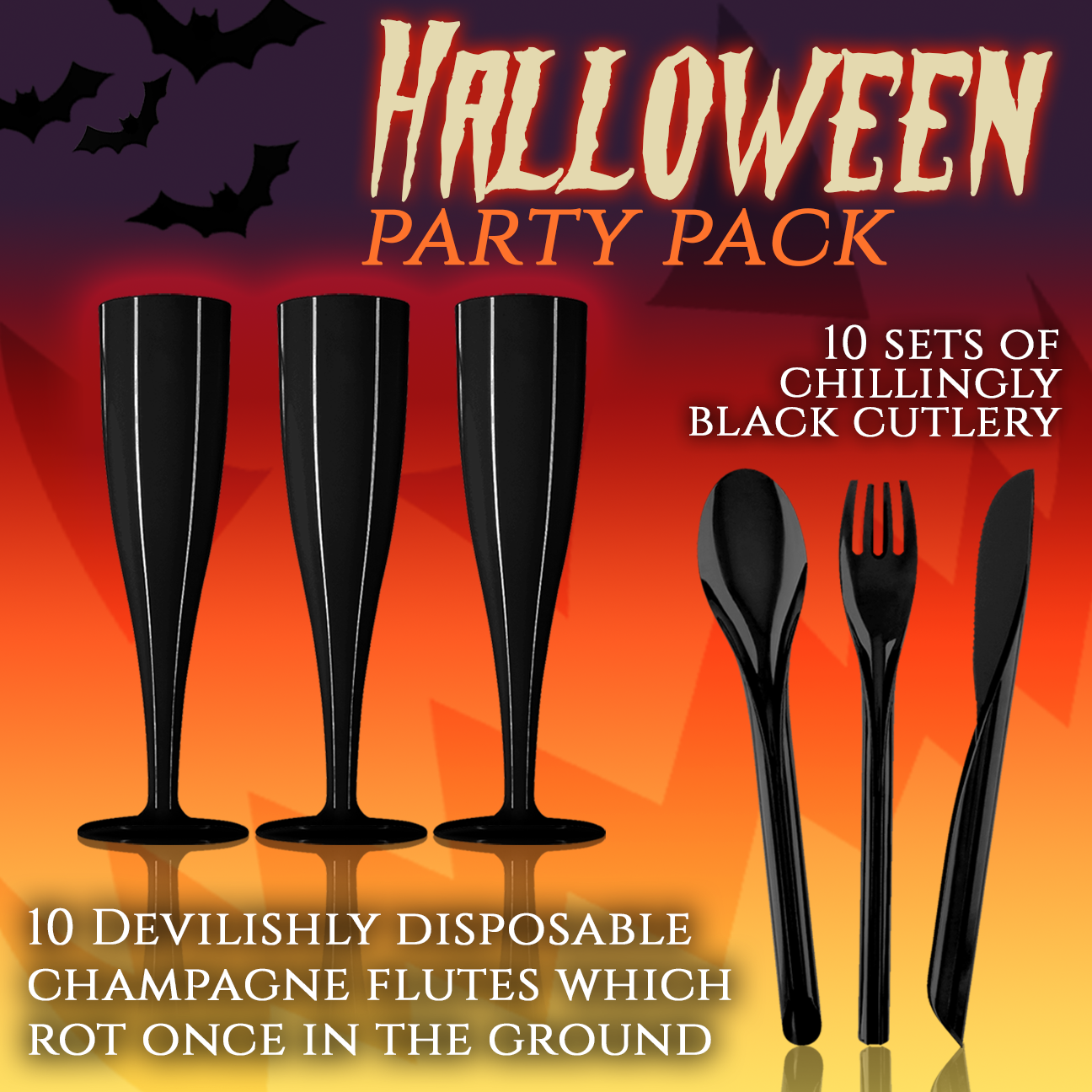10 x Black Cutlery, 10 x Black Champagne Flutes Plastic 175ml Set Product Pro Plastics