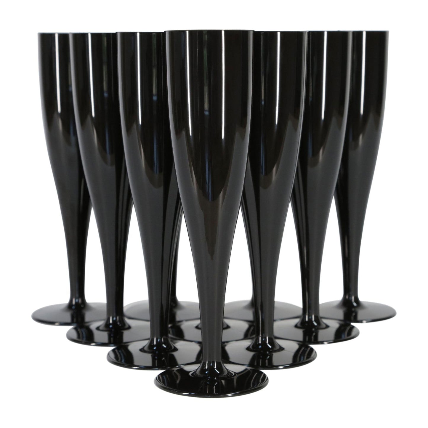 10 x Black Cutlery, 10 x Black Champagne Flutes Plastic 175ml Set Product Pro Plastics