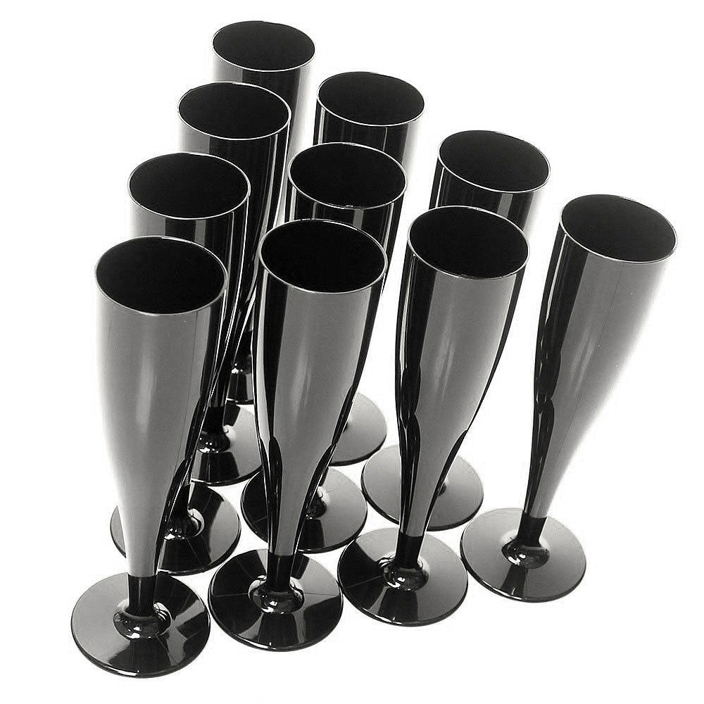 10 x Black Cutlery, 10 x Black Champagne Flutes Plastic 175ml Set Product Pro Plastics