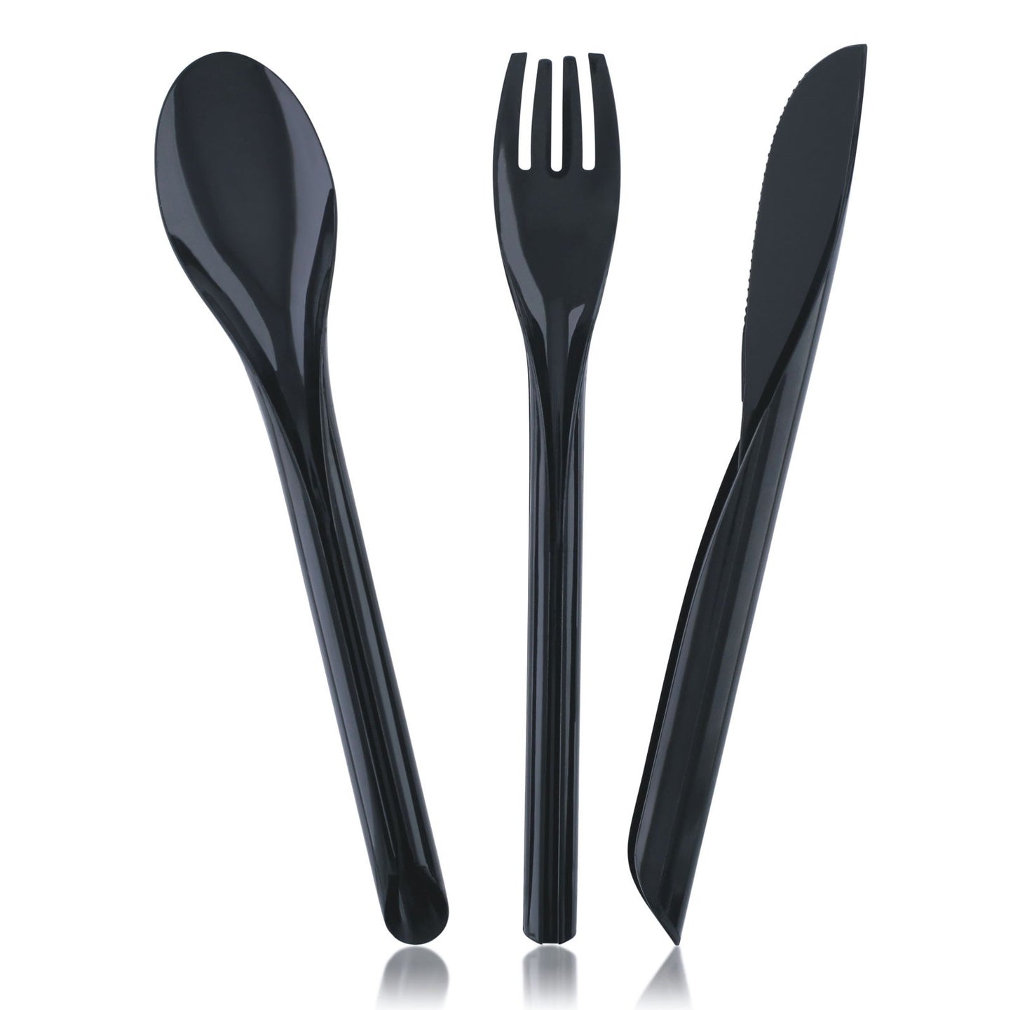 10 x Black Cutlery, 10 x Black Champagne Flutes Plastic 175ml Set Product Pro Plastics
