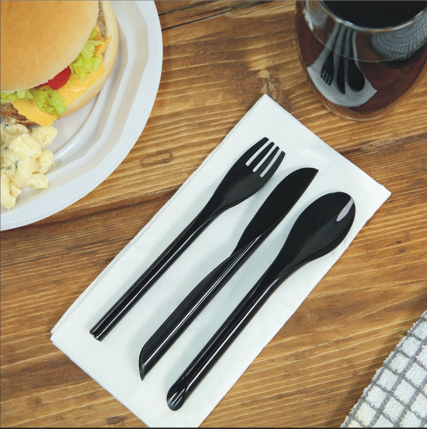 10 x Black Cutlery, 10 x Black Champagne Flutes Plastic 175ml Set Product Pro Plastics