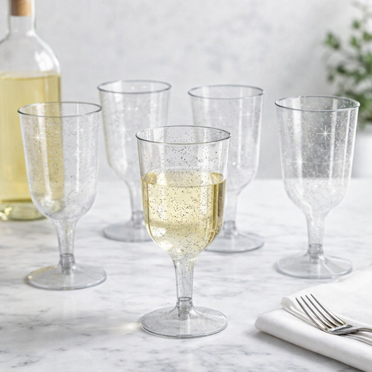 6 x Silver Glitter Plastic Disposable Wine Glasses 200ml 7oz