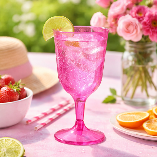 6 x Pink with Silver Glitter Plastic Disposable Wine Glasses 200ml 7oz