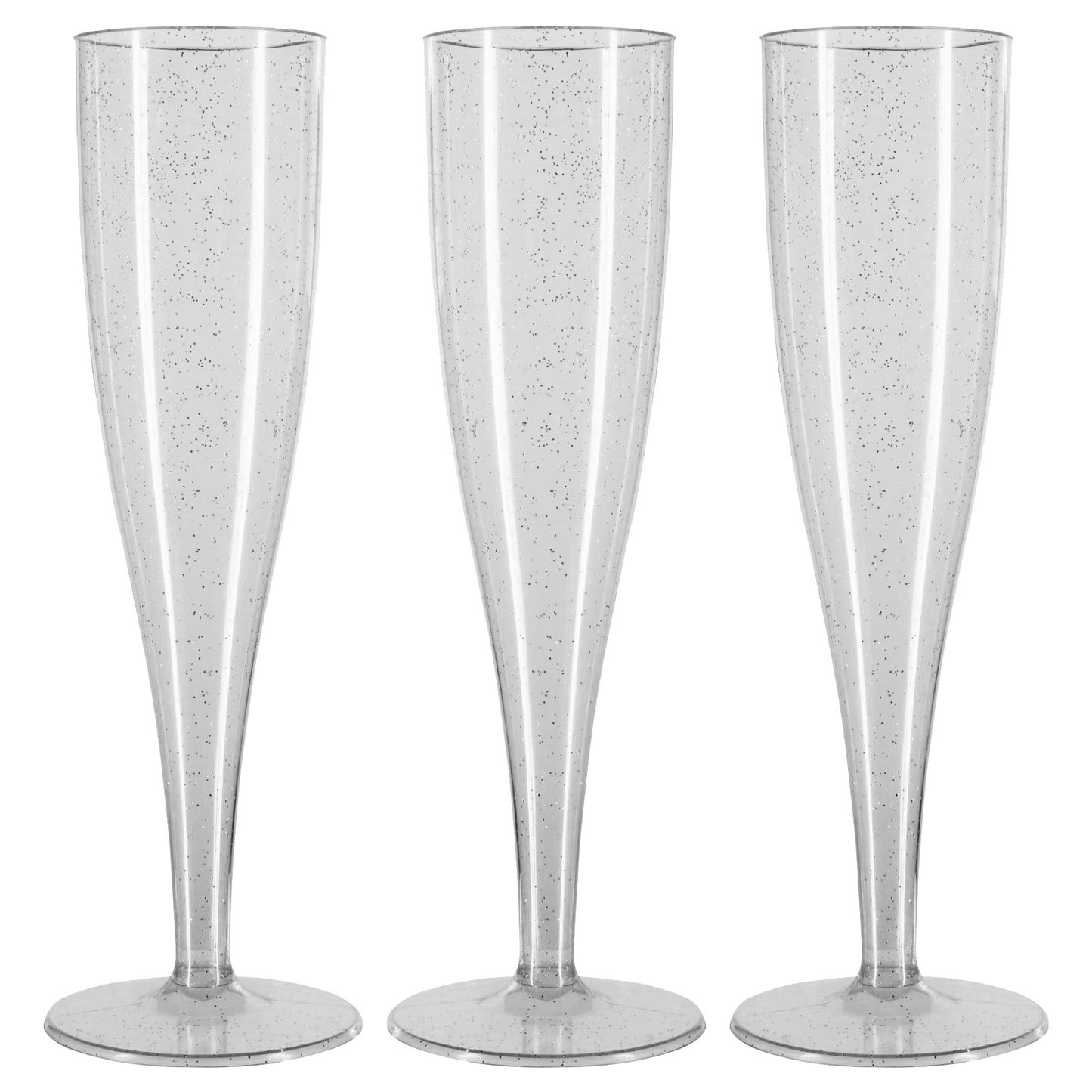 100 x Silver Glitter Disposable Plastic Prosecco Flutes 175ml 6oz