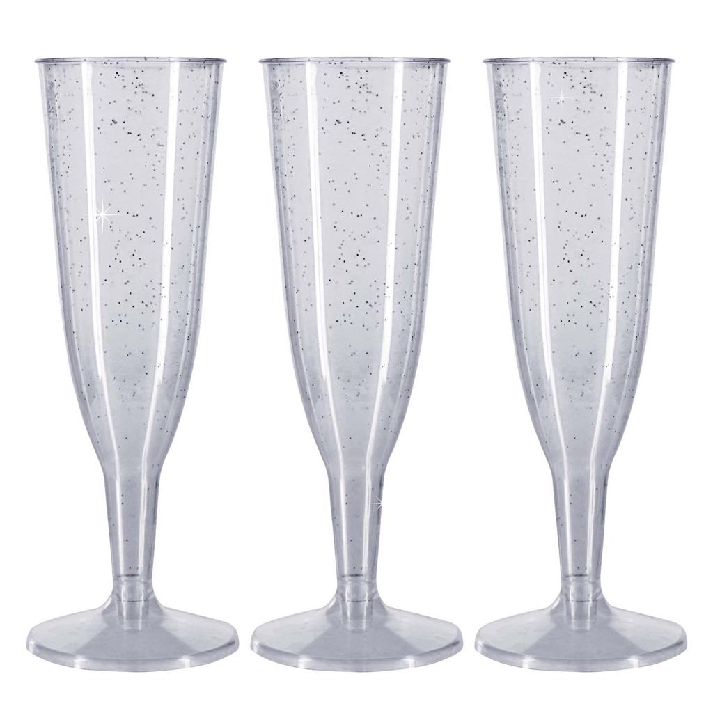 6 x Silver Glitter Plastic Disposable Prosecco Flutes 150ml 5.2oz