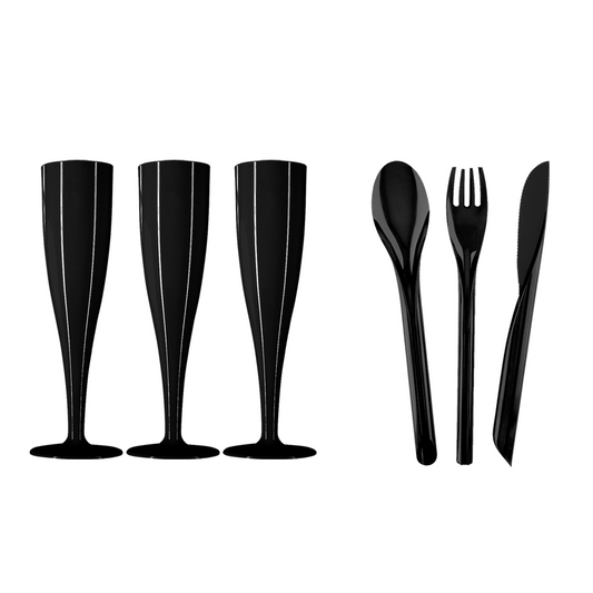10 x Black Cutlery, 10 x Black Champagne Flutes Plastic 175ml Set Product Pro Plastics