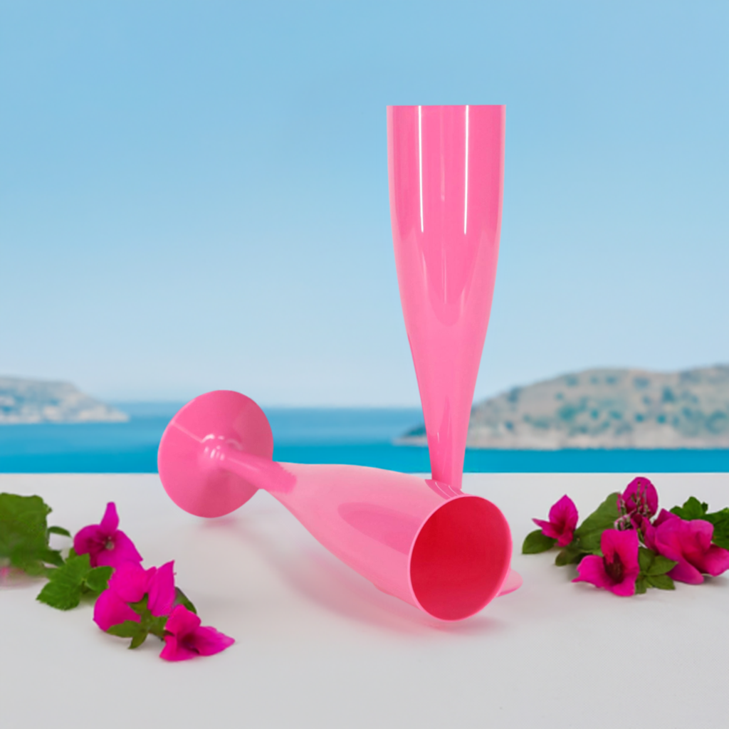 50 x Pink Disposable Plastic Prosecco Champagne Flutes 175ml 6oz