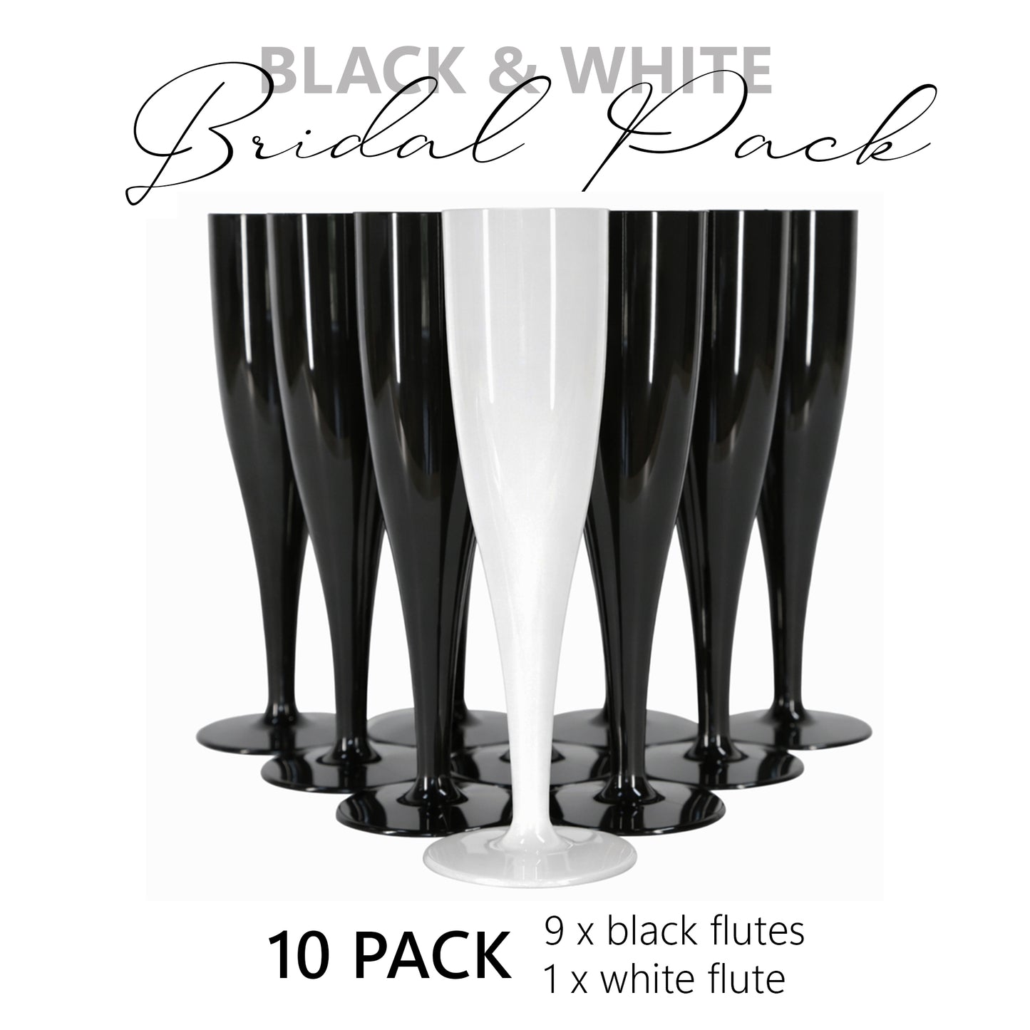 10 x Bridal Pack Plastic Prosecco Flutes 9 Black 1 White