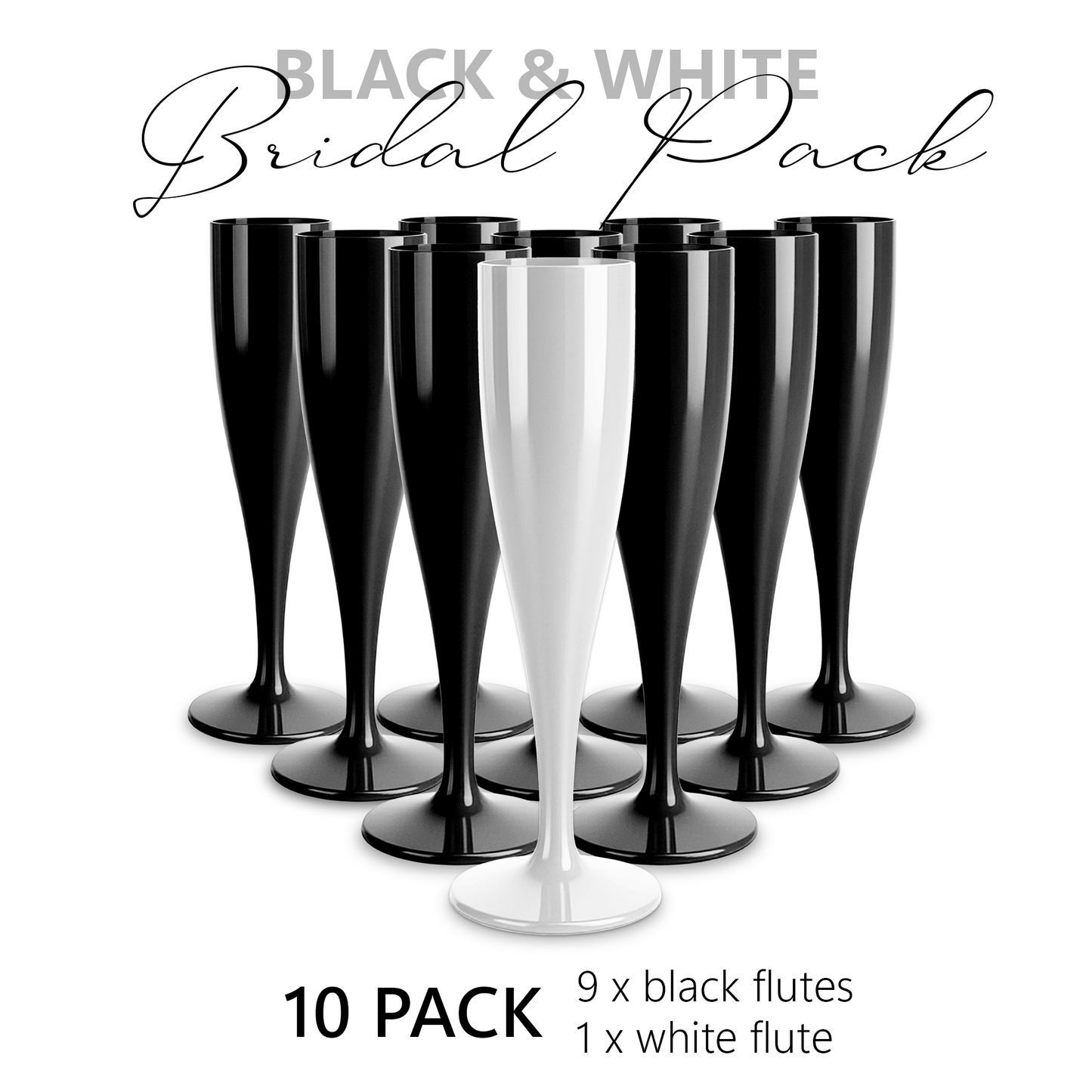 10 x Bridal Pack Plastic Prosecco Flutes 9 Black 1 White