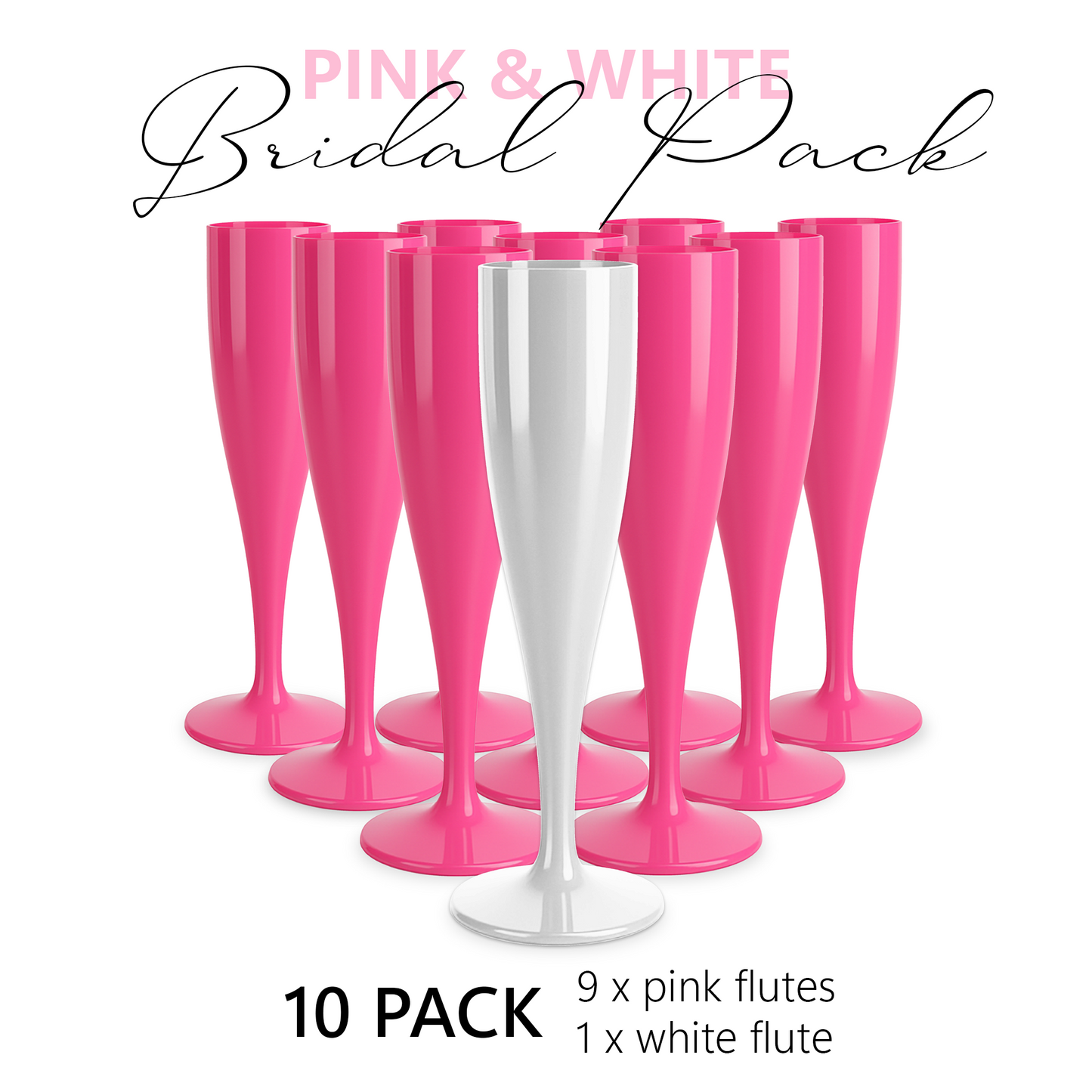 10 x Bridal Pack Plastic Prosecco Flutes 9 Pink 1 White