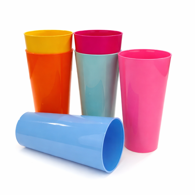 6 x Multicoloured Plastic Reusable Pint Cups Coloured 568ml 20oz