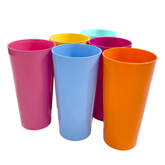 6 x Multicoloured Plastic Reusable Pint Cups Coloured 568ml 20oz