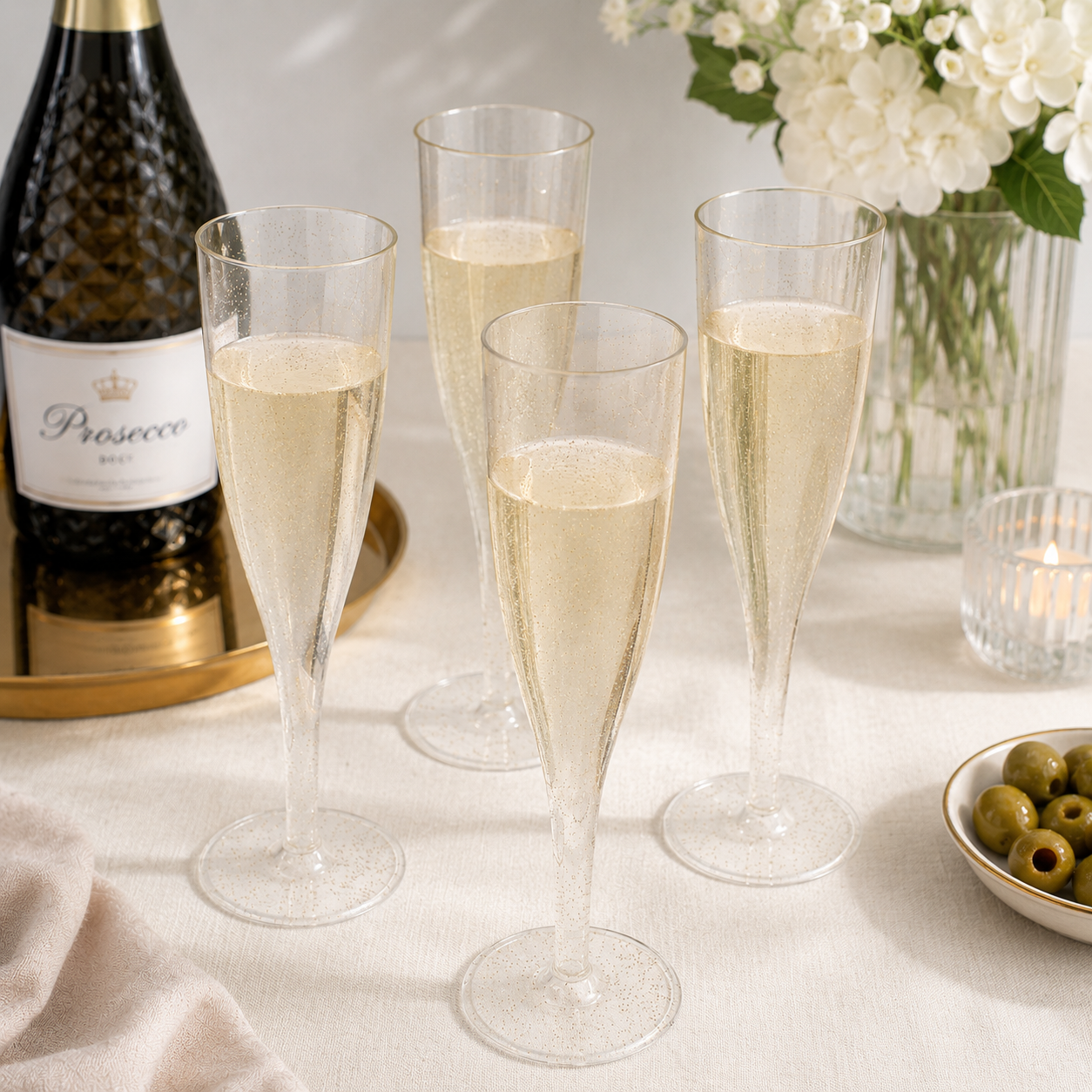 10 x Gold Glitter Plastic Prosecco Flutes 175ml 6oz