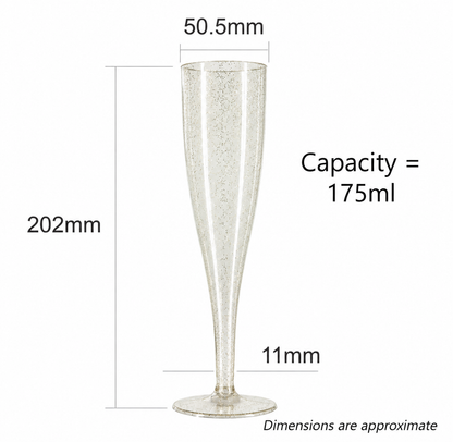 10 x Gold Glitter Plastic Prosecco Flutes 175ml 6oz