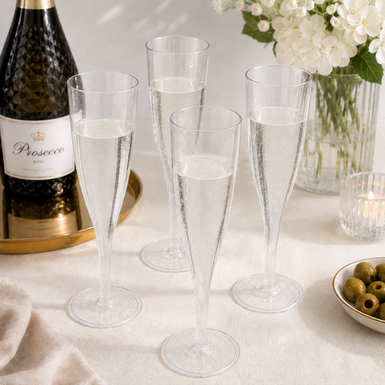 10 x Silver Glitter Plastic Prosecco Flutes 175ml 6oz