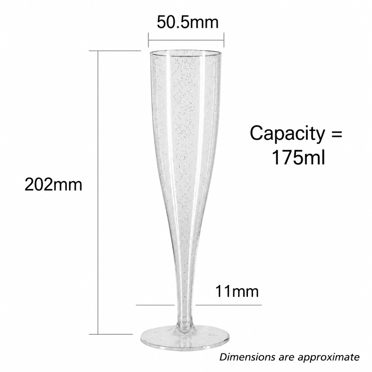 10 x Silver Glitter Plastic Prosecco Flutes 175ml 6oz