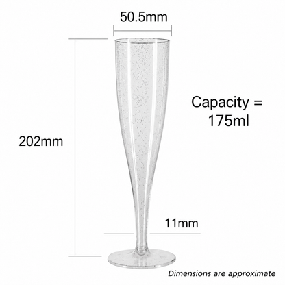 10 x Silver Glitter Plastic Prosecco Flutes 175ml 6oz