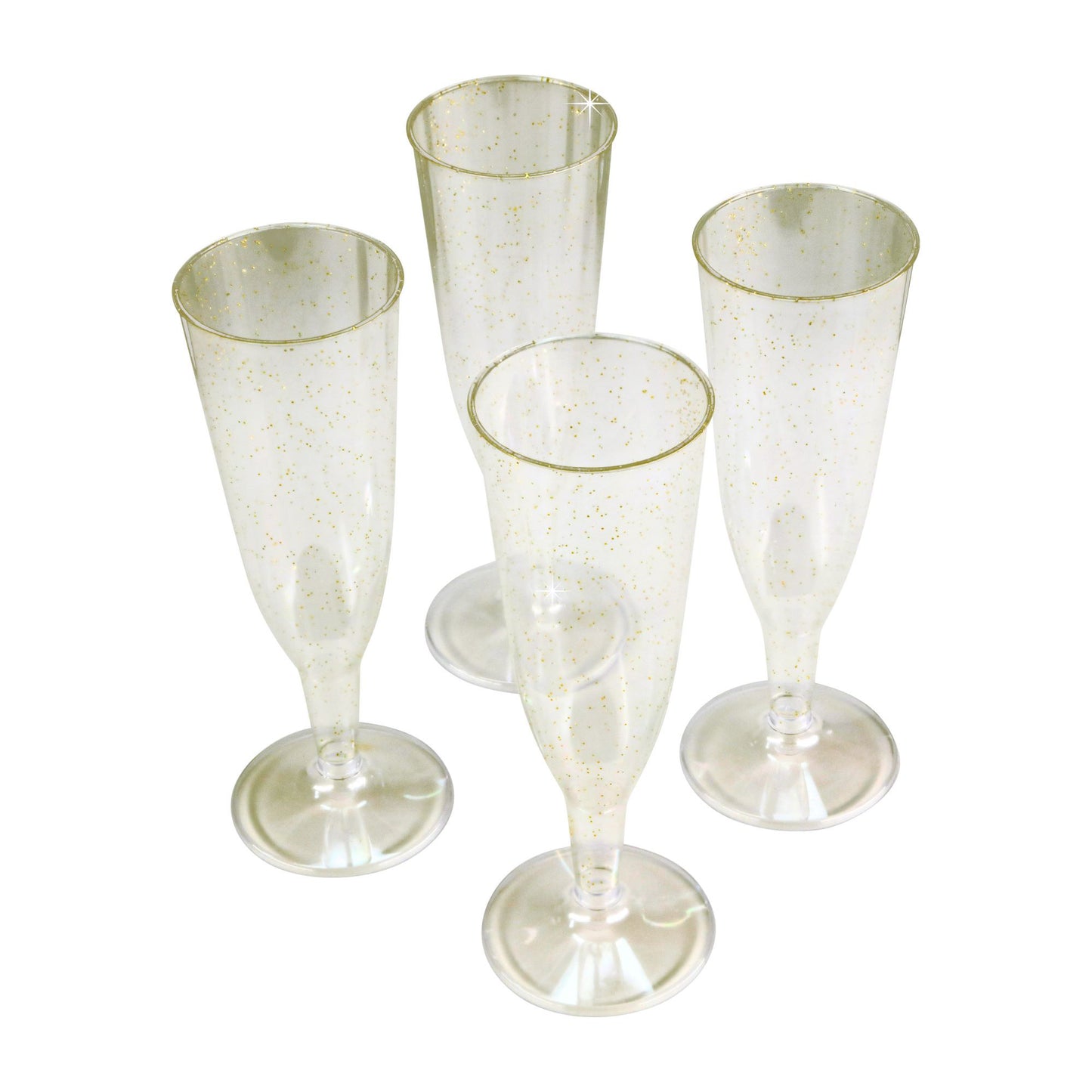 6 x Gold Glitter Plastic Disposable Prosecco Flutes 150ml