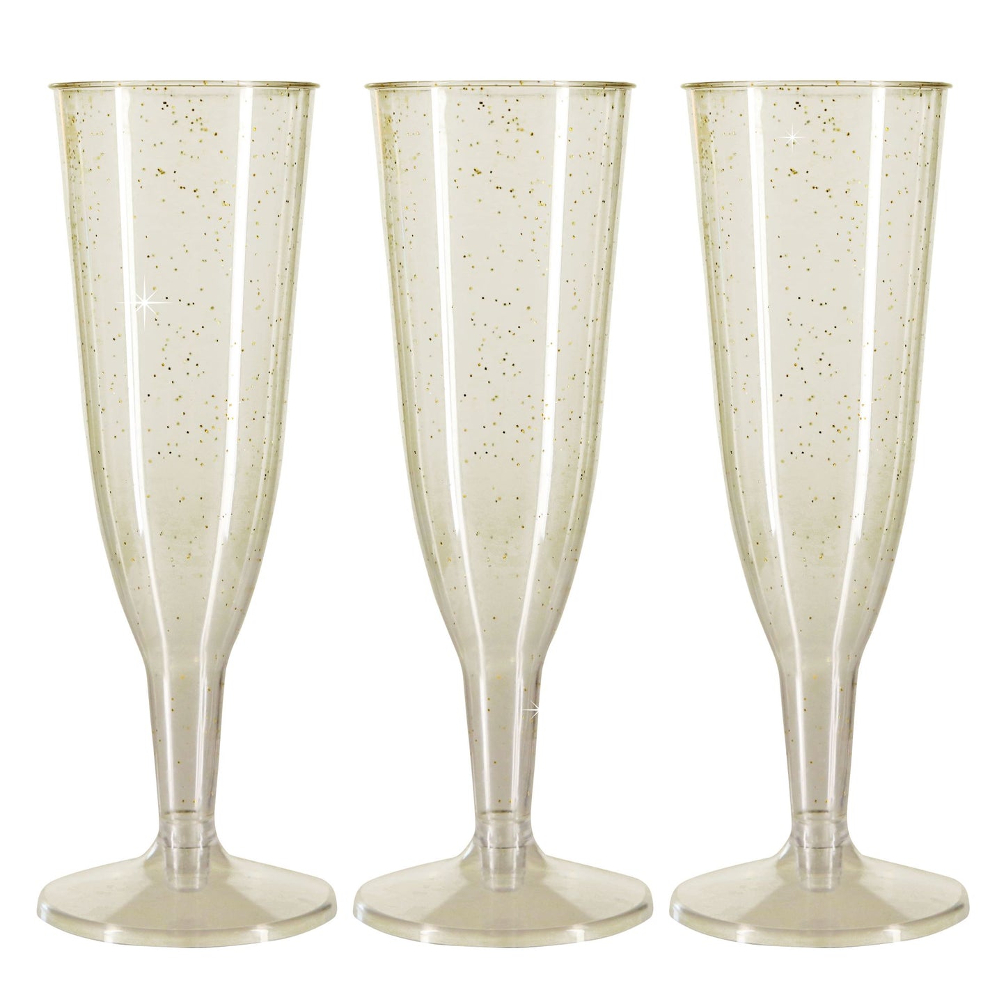 6 x Gold Glitter Plastic Disposable Prosecco Flutes 150ml