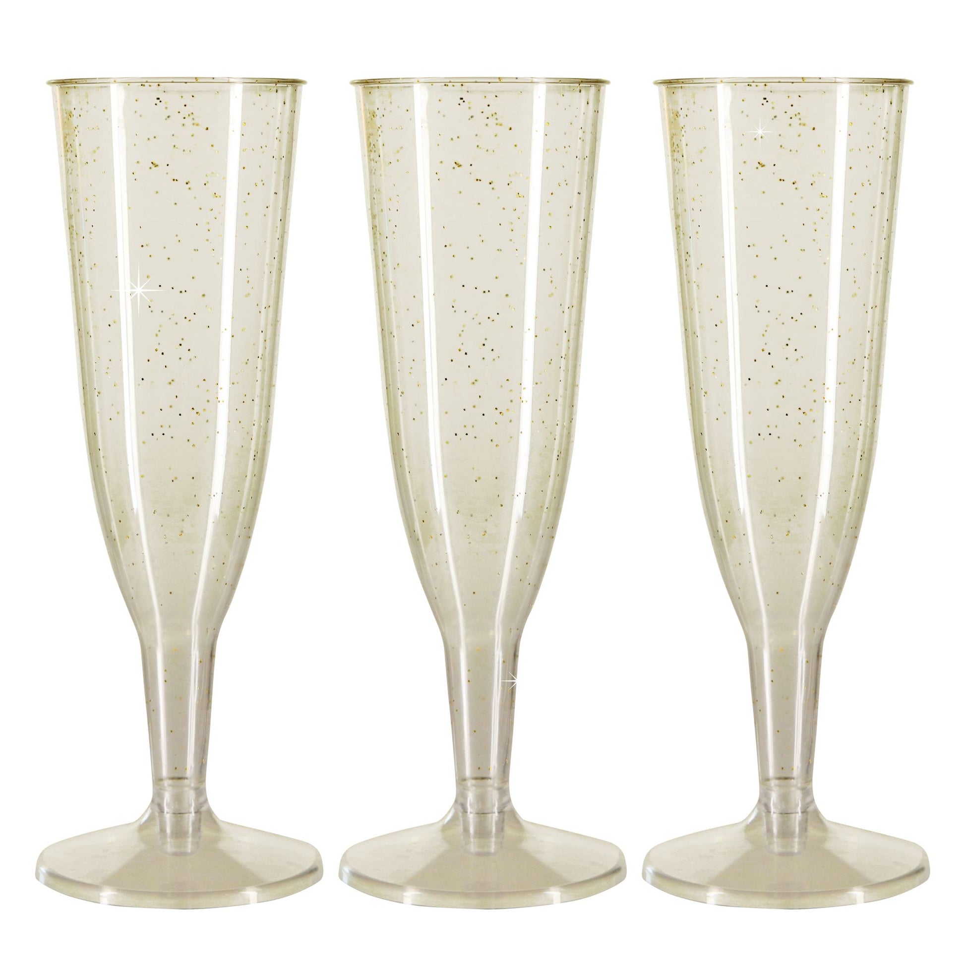 6 x Gold Glitter Plastic Disposable Prosecco Flutes 150ml