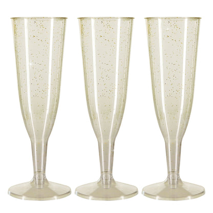 6 x Gold Glitter Plastic Disposable Prosecco Flutes 150ml