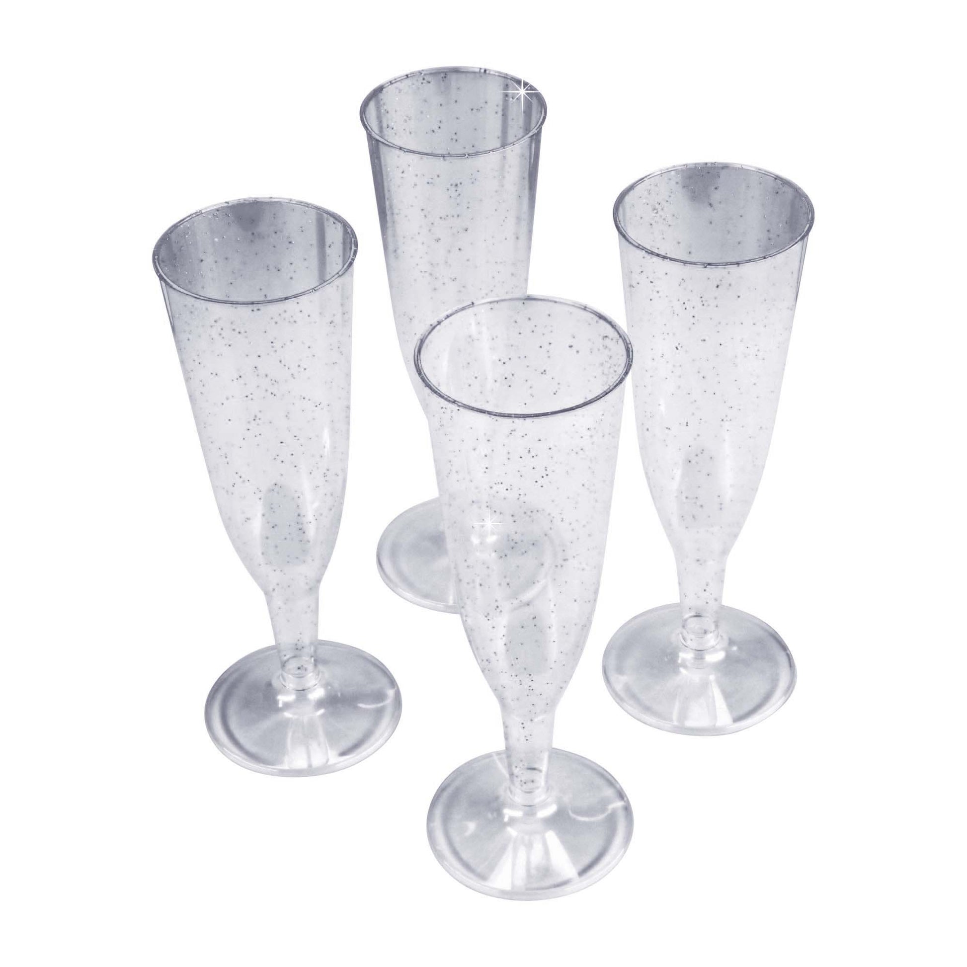 12 x Silver Glitter Plastic Disposable Prosecco Flutes 150ml