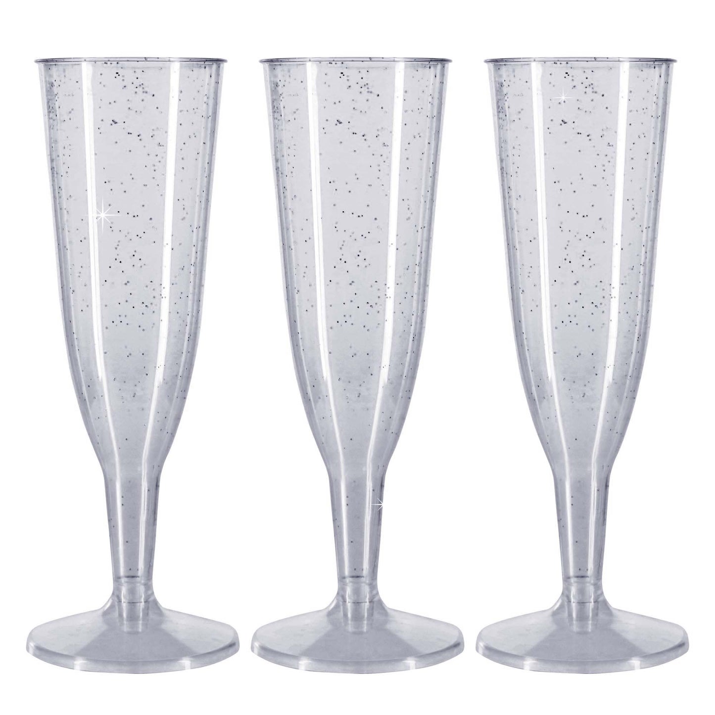 12 x Silver Glitter Plastic Disposable Prosecco Flutes 150ml