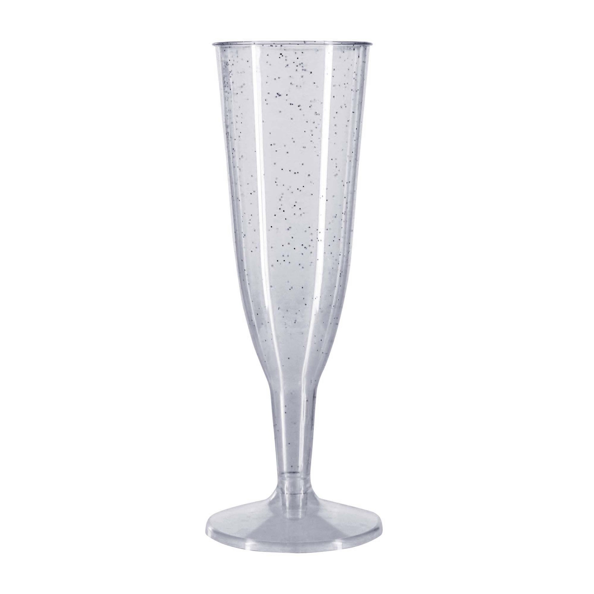 12 x Silver Glitter Plastic Disposable Prosecco Flutes 150ml