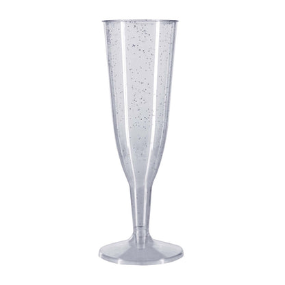 12 x Silver Glitter Plastic Disposable Prosecco Flutes 150ml