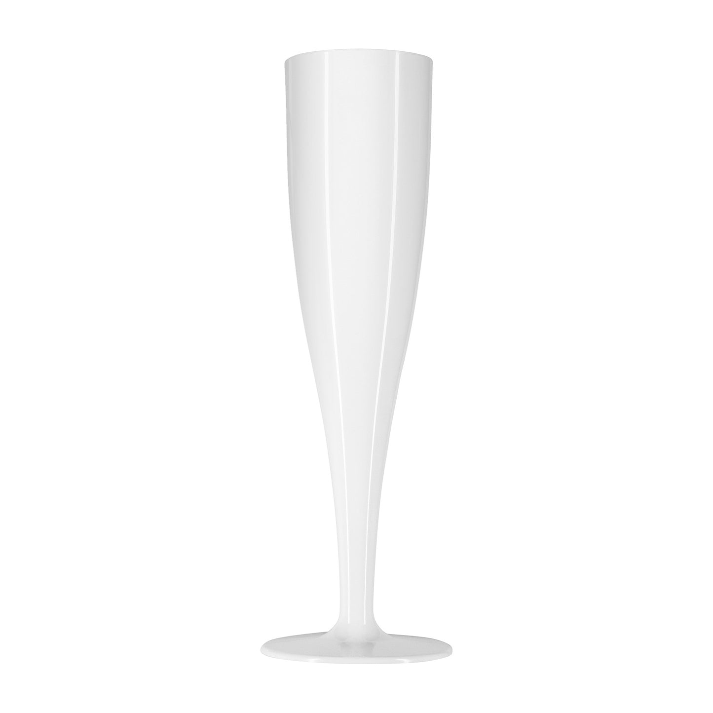 Single white champagne flute against a white background 