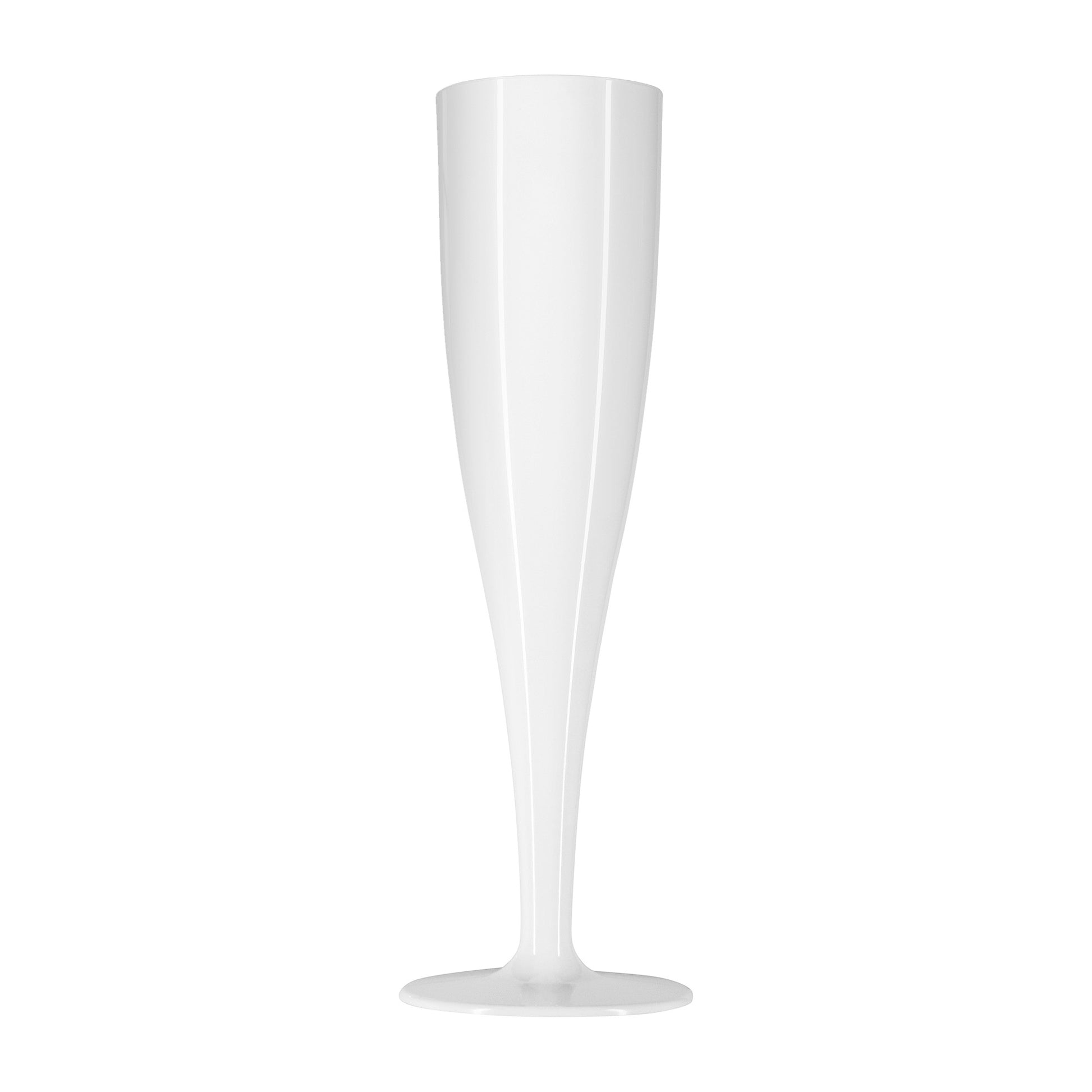 Single white champagne flute against a white background 