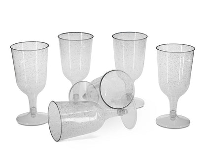 6 x Silver Glitter Plastic Disposable Wine Glasses 200ml 7oz