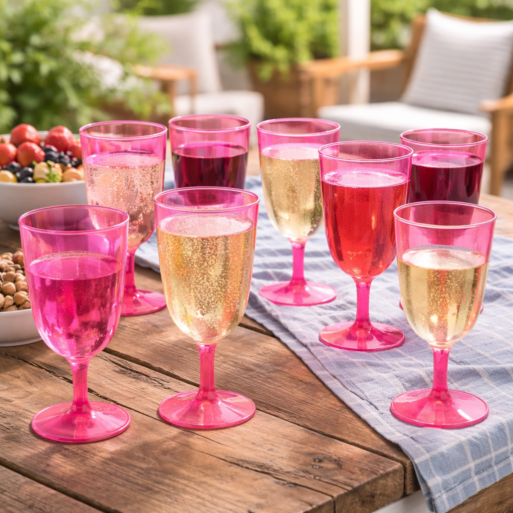 6 x Pink Plastic Wine Glasses 200ml 7oz