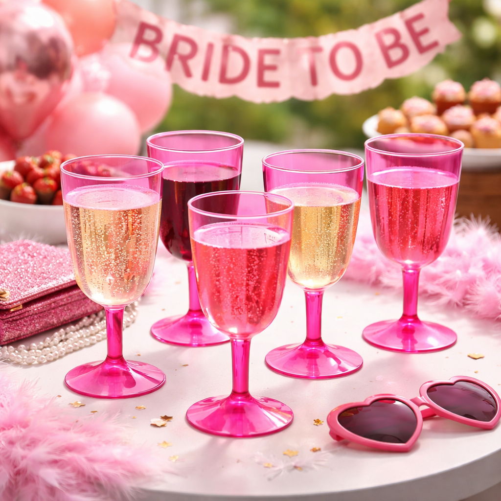 6 x Pink Plastic Wine Glasses 200ml 7oz