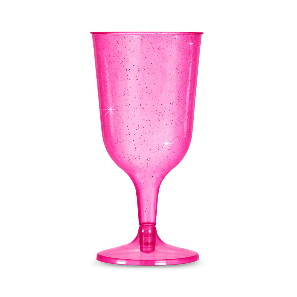 6 x Pink with Silver Glitter Plastic Wine Glasses 200ml 7oz