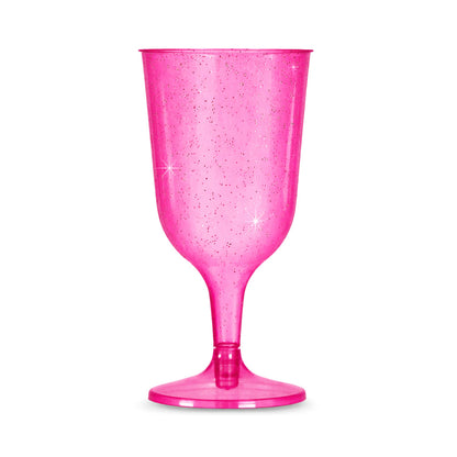 6 x Pink with Silver Glitter Plastic Wine Glasses 200ml 7oz