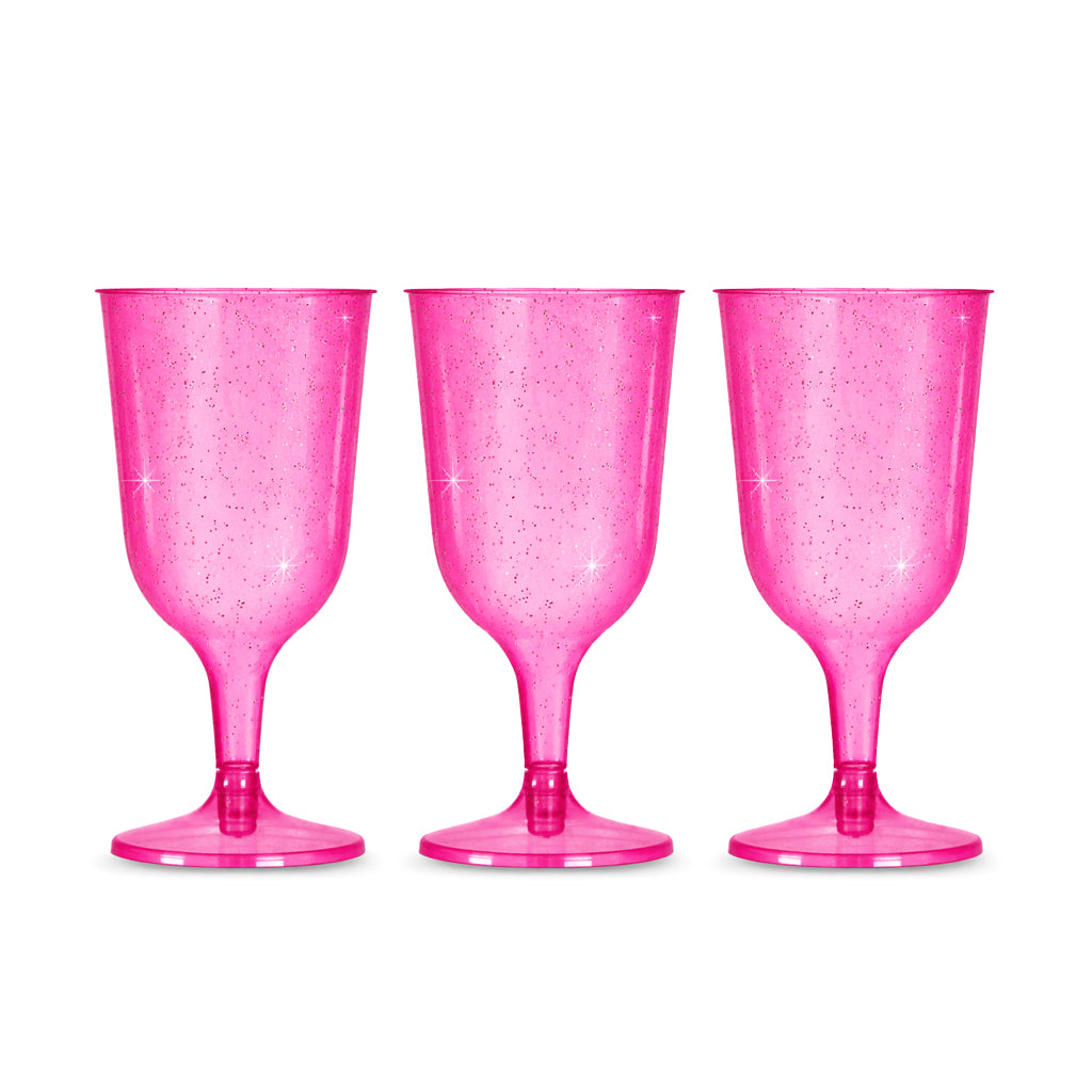 6 x Pink with Silver Glitter Plastic Wine Glasses 200ml 7oz