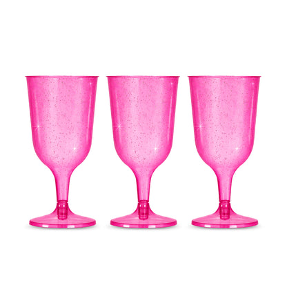 6 x Pink with Silver Glitter Plastic Wine Glasses 200ml 7oz