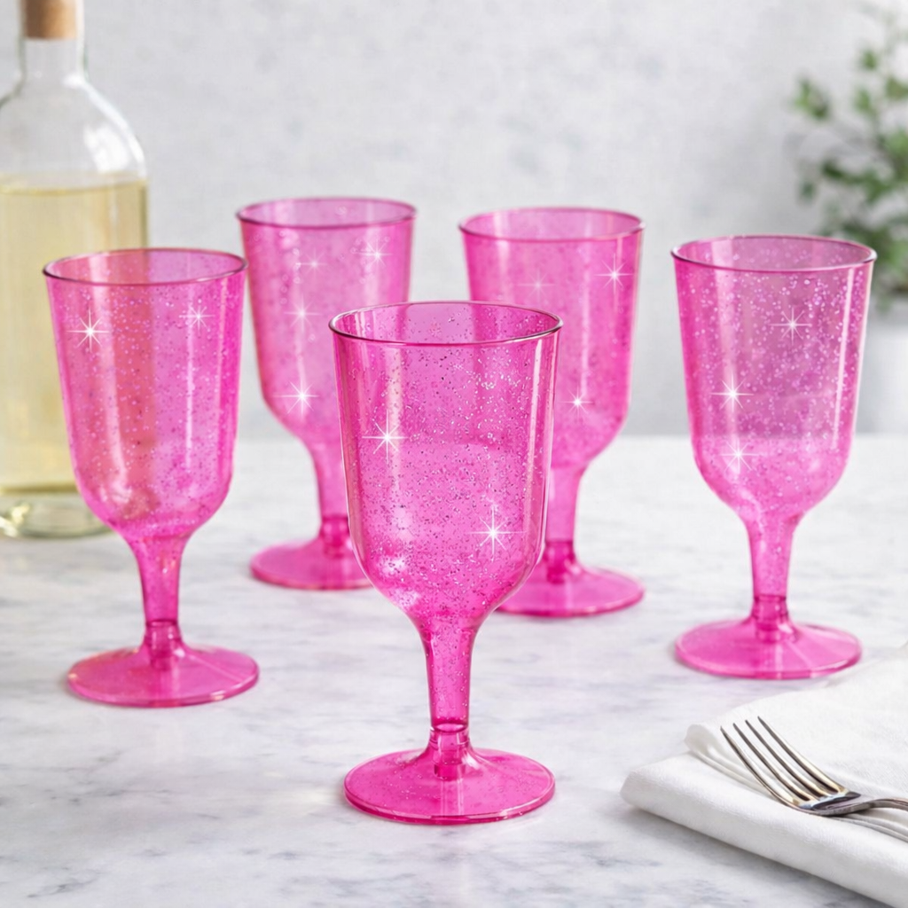 6 x Pink with Silver Glitter Plastic Wine Glasses 200ml 7oz