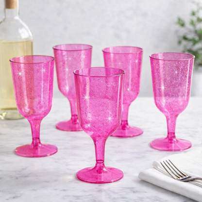 6 x Pink with Silver Glitter Plastic Wine Glasses 200ml 7oz