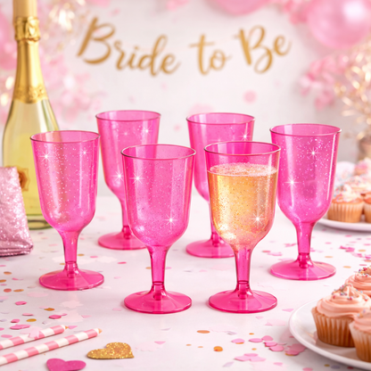 6 x Pink with Silver Glitter Plastic Wine Glasses 200ml 7oz