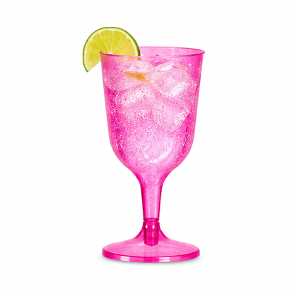 6 x Pink with Silver Glitter Plastic Wine Glasses 200ml 7oz