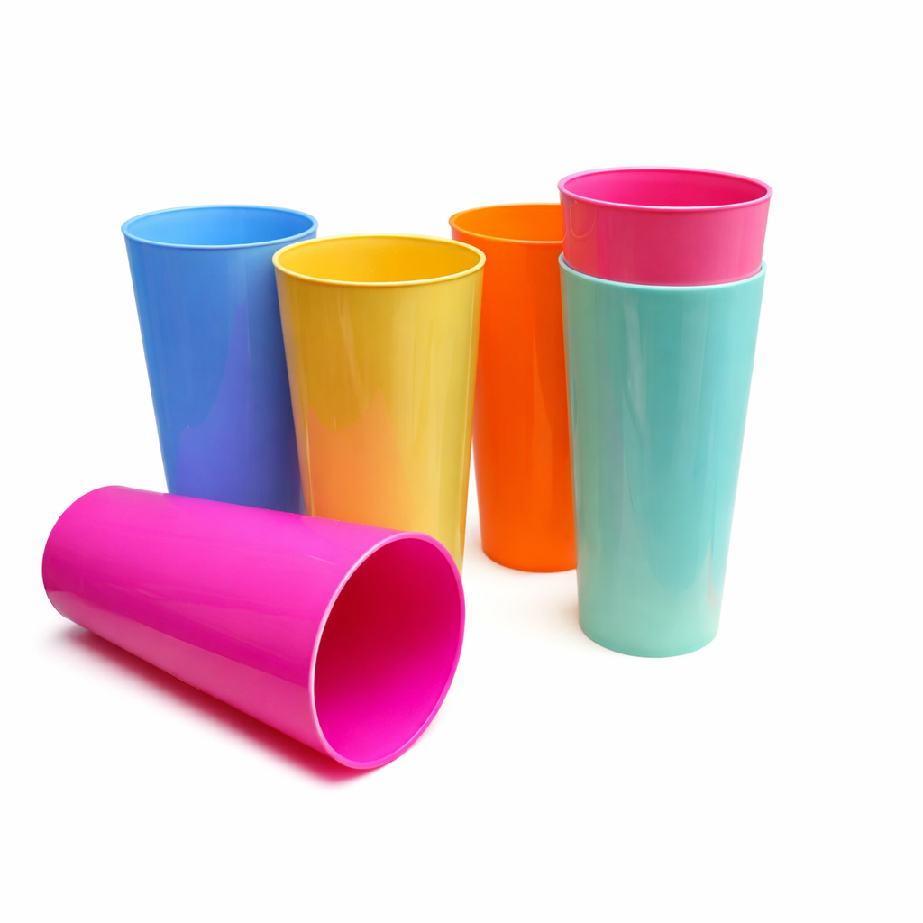 6 x Multicoloured Plastic Reusable Pint Cups Coloured 568ml 20oz