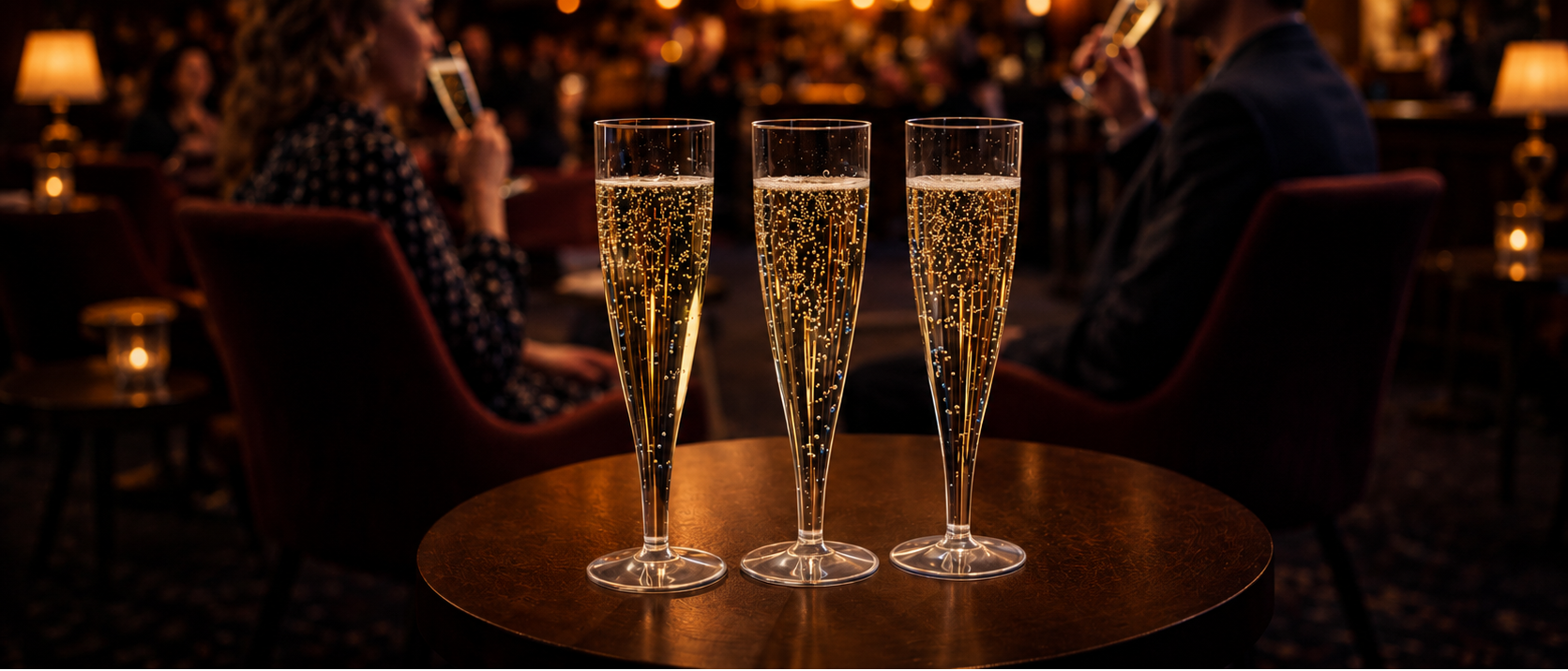Three champagne flutes on a table in a dimly lit restaurant with people in the background.