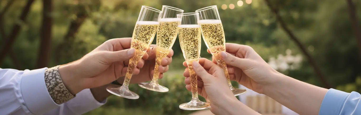 Two people clinking clear plastic champagne glasses outdoors with a blurred natural background