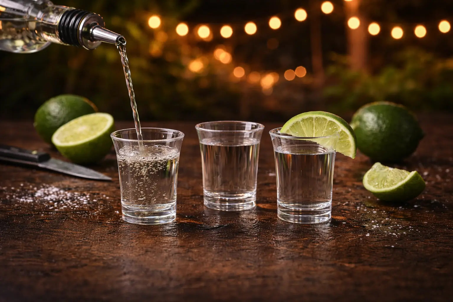 Alcohol being poured into three clear plastic shot glasses with limes on a wooden surface.