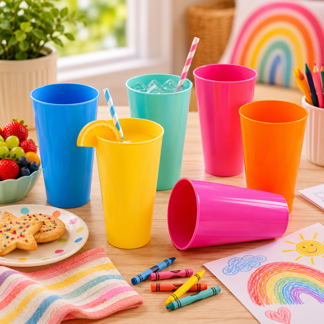 6 x Multicoloured Plastic Reusable Pint Cups Coloured 568ml 20oz