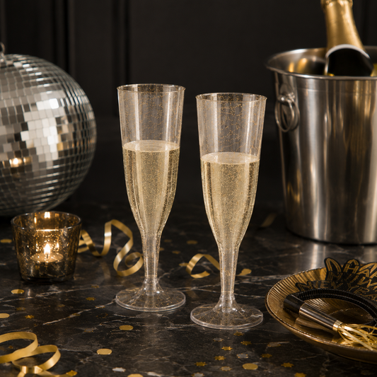 12 x Gold Glitter Plastic Prosecco Champagne Flutes 150ml