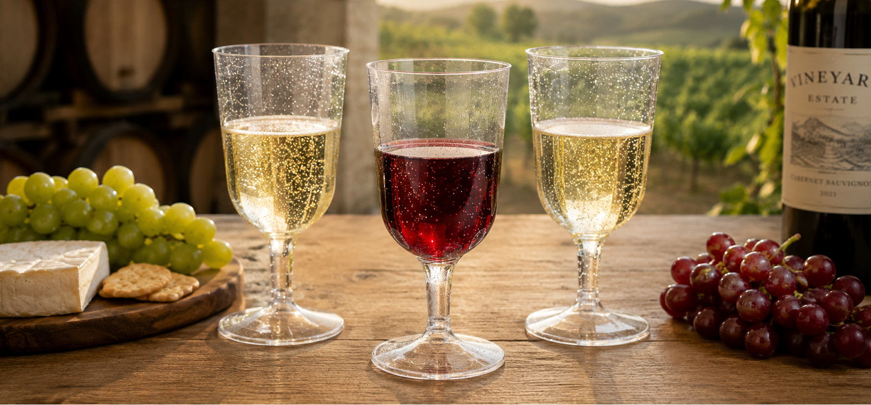 Three wine glasses filled with white wine, red wine, and sparkling white wine on a wooden table, with grapes, cheese, a wine bottle, and a vineyard landscape in the background.