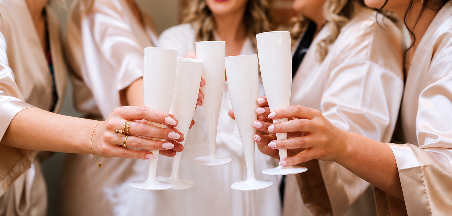 Group of women in robes holding white glasses, likely celebrating.
